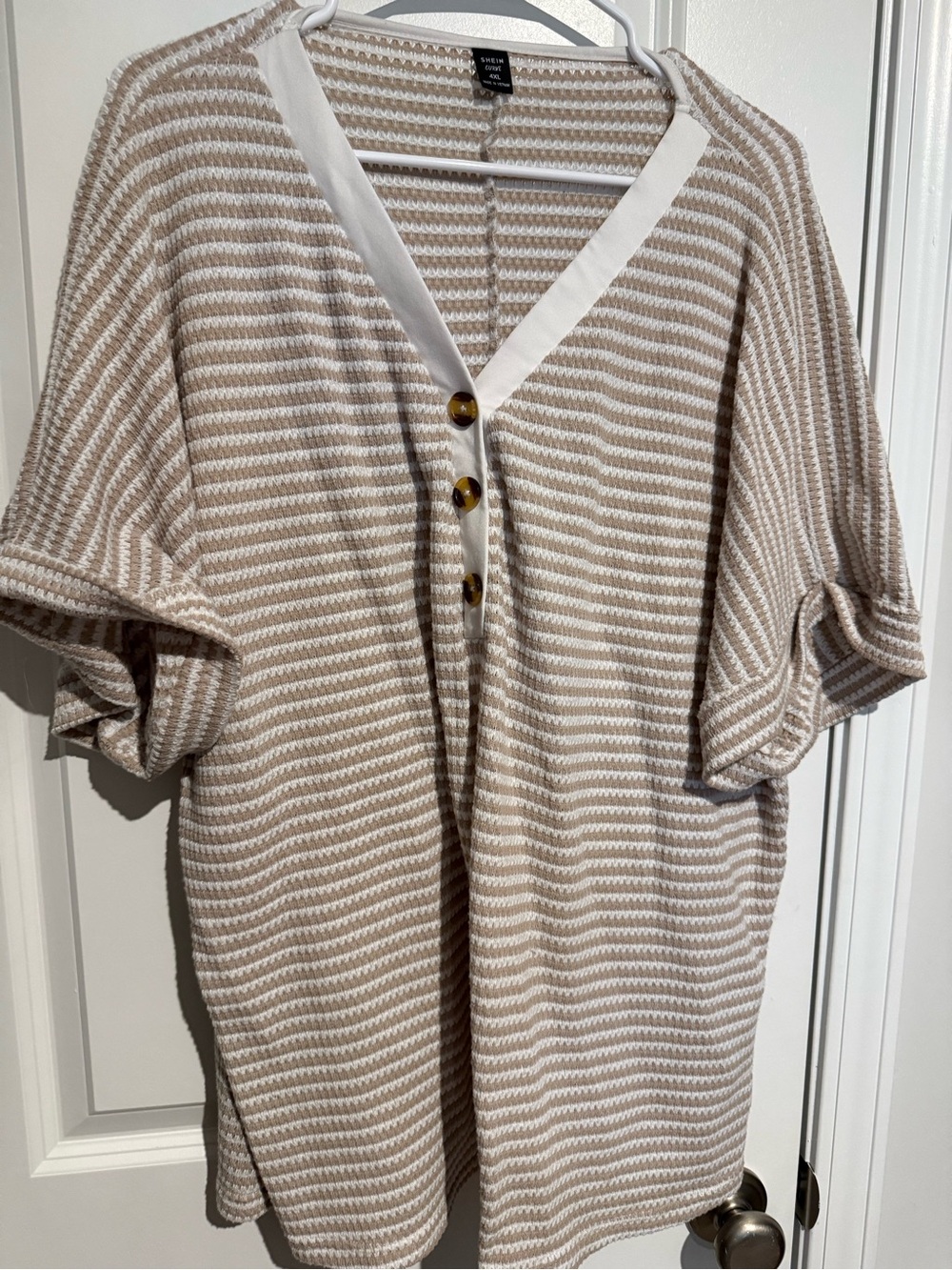 SHEIN Beige & White Striped V-Neck Tunic